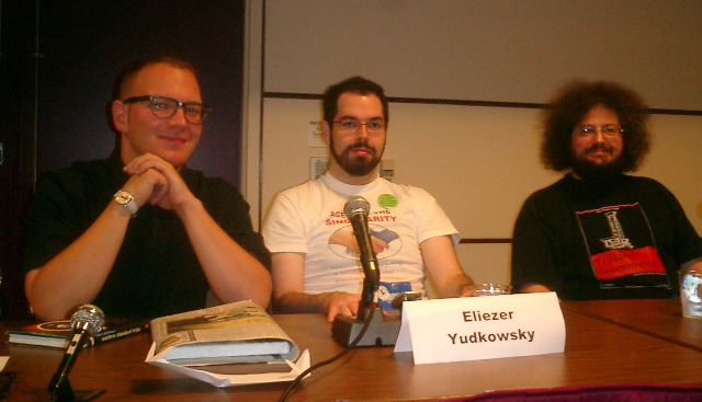 Me, Eliezer Yudkowsky, Charlie Stross, Death of Money panel